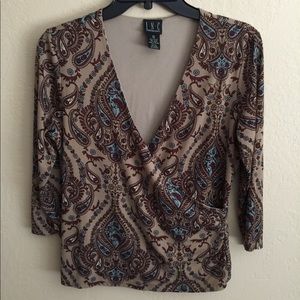 INC criss-cross v-neck stretchy sleeved top